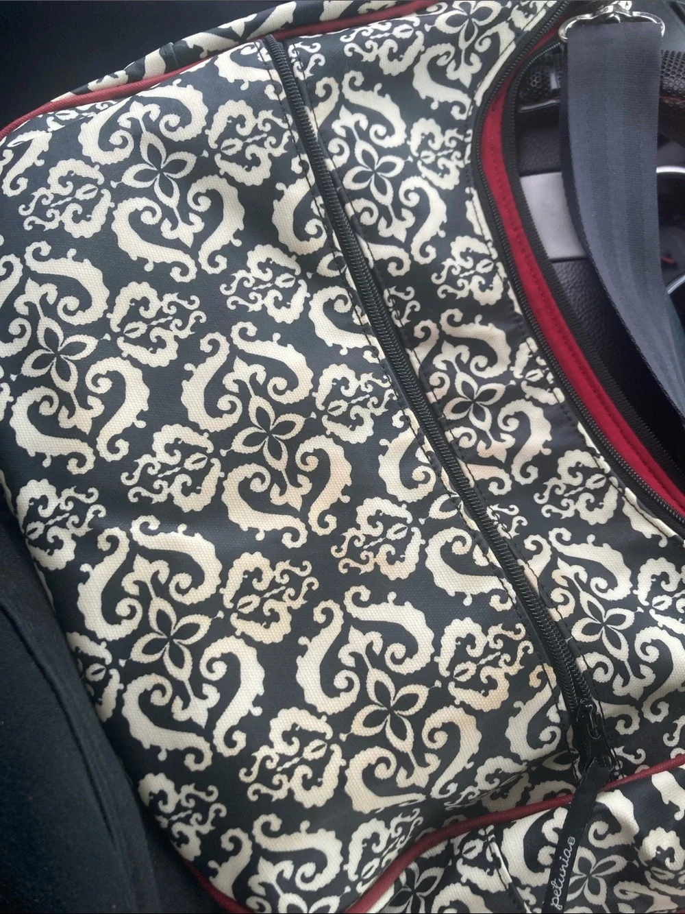 Petunia Pickle Bottom Black and White Damask Tote with Red Embroidery